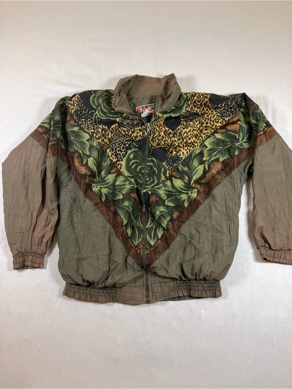 Vintage Olive Green Floral & Leopard Print Women's Windbreaker Jacket